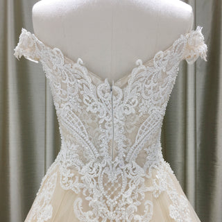 Off Shoulder V Neck and V Back A-line Wedding Dress Light Champagne