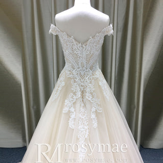 Off Shoulder V Neck and V Back A-line Wedding Dress Light Champagne