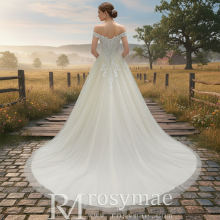 Off Shoulder V Neck and V Back A-line Wedding Dress Light Champagne