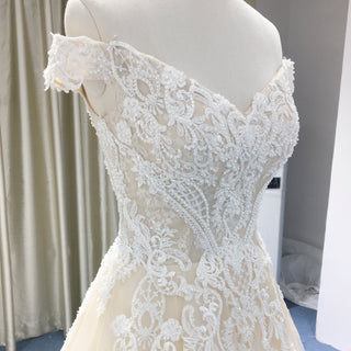 Off Shoulder V Neck and V Back A-line Wedding Dress Light Champagne