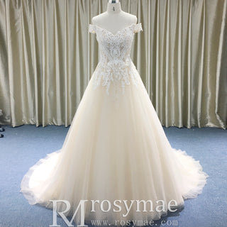 Off Shoulder V Neck and V Back A-line Wedding Dress Light Champagne