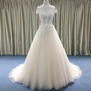 Off Shoulder V Neck and V Back A-line Wedding Dress Light Champagne