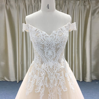 Off Shoulder V Neck and V Back A-line Wedding Dress Light Champagne