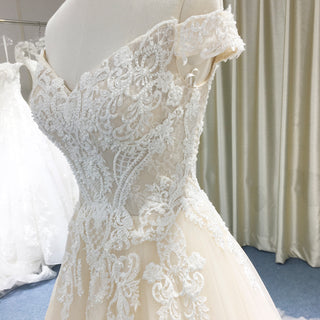 Off Shoulder V Neck and V Back A-line Wedding Dress Light Champagne