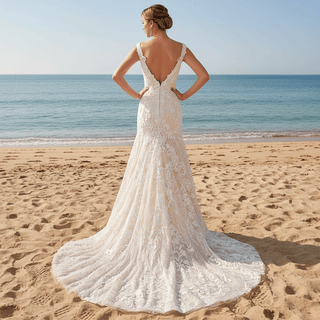 Double V Tank Top Floral Lace Fit Flare Bridal Gown Wedding Dress - Rosymae