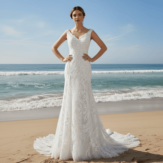 Double V Tank Top Floral Lace Fit Flare Bridal Gown Wedding Dress - Rosymae
