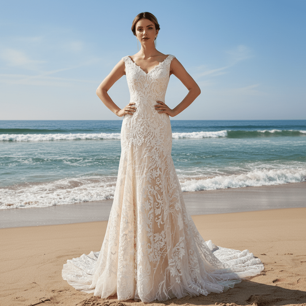Double V Tank Top Floral Lace Fit Flare Bridal Gown Wedding Dress