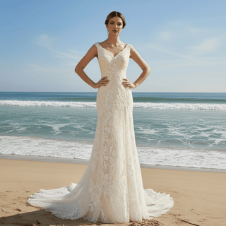 Double V Tank Top Floral Lace Fit Flare Bridal Gown Wedding Dress - Rosymae