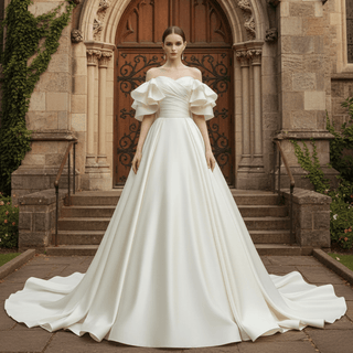 Dramatic A-line Wedding Dress with Off-the-Shoulder Sleeve - Rosymae