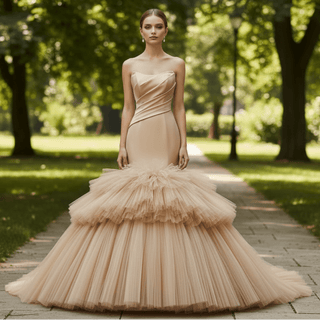 Draped Strapless Mermaid Wedding Dress Fit-and-Flare Tulle Gown with Ruffled Skirt - Rosymae