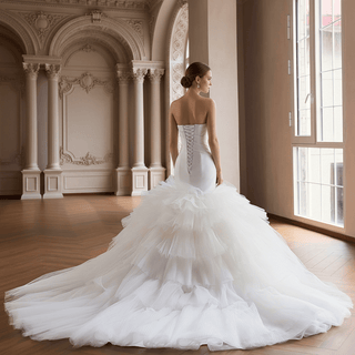 Draped Strapless Mermaid Wedding Dress Fit-and-Flare Tulle Gown with Ruffled Skirt - Rosymae
