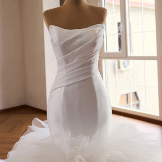 Draped Strapless Mermaid Wedding Dress Fit-and-Flare Tulle Gown with Ruffled Skirt - Rosymae