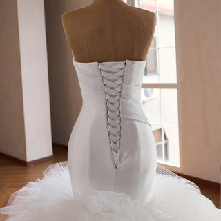Draped Strapless Mermaid Wedding Dress Fit-and-Flare Tulle Gown with Ruffled Skirt - Rosymae