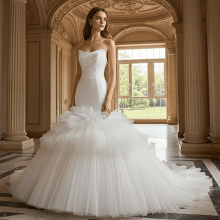 Draped Strapless Mermaid Wedding Dress Fit-and-Flare Tulle Gown with Ruffled Skirt - Rosymae