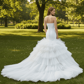 Draped Strapless Mermaid Wedding Dress Fit-and-Flare Tulle Gown with Ruffled Skirt - Rosymae