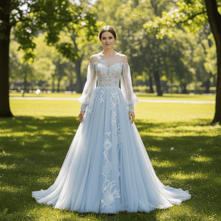 Dreamy Light Blue Wedding Dress with Long and Off the Sleeve - Rosymae