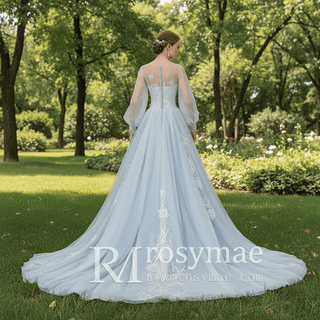 Dreamy Light Blue Wedding Dress with Long and Off the Sleeve - Rosymae