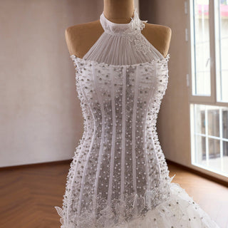 Dreamy Tulle Princess Wedding Dress Halter Neck with Beaded Lace - Rosymae
