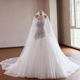 Dreamy Tulle Princess Wedding Dress Halter Neck with Beaded Lace - Rosymae