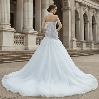 Dreamy Tulle Princess Wedding Dress Halter Neck with Beaded Lace - Rosymae
