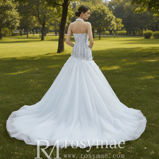 Dreamy Tulle Princess Wedding Dress Halter Neck with Beaded Lace - Rosymae