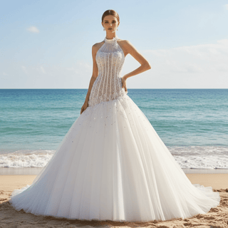 Dreamy Tulle Princess Wedding Dress Halter Neck with Beaded Lace - Rosymae