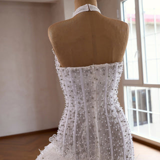 Dreamy Tulle Princess Wedding Dress Halter Neck with Beaded Lace - Rosymae