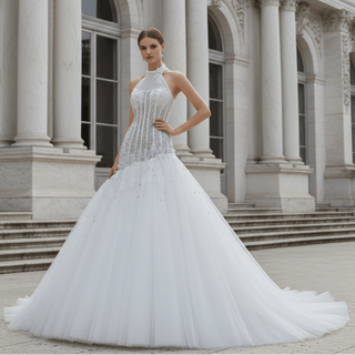 Dreamy Tulle Princess Wedding Dress Halter Neck with Beaded Lace - Rosymae