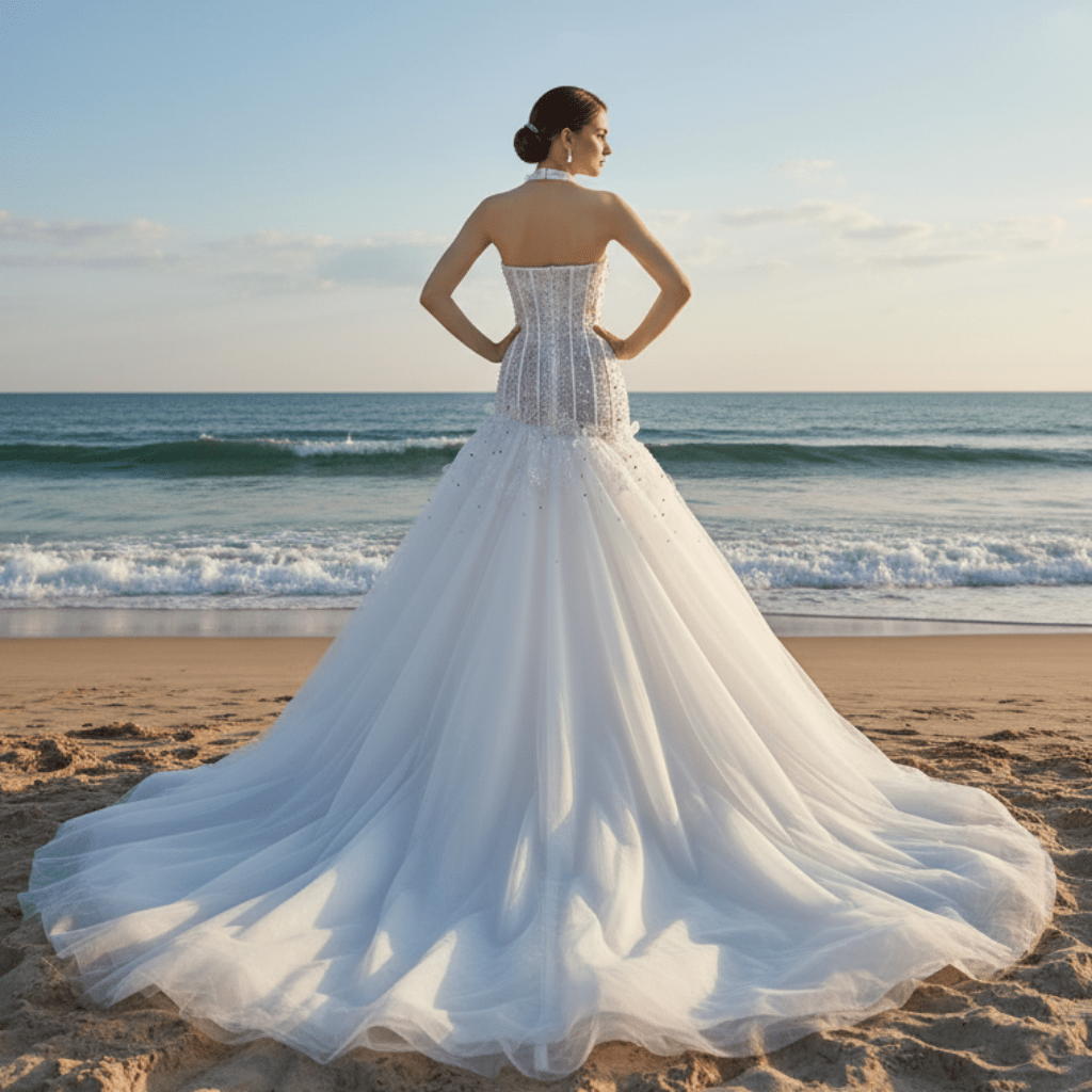 Dreamy Tulle Princess Wedding Dress Halter Neck with Beaded Lace - Rosymae