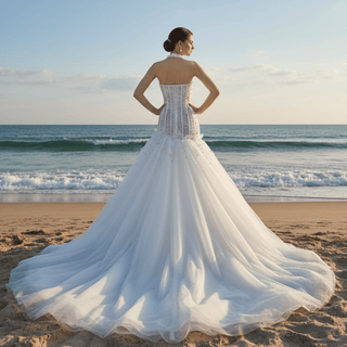 Dreamy Tulle Princess Wedding Dress Halter Neck with Beaded Lace - Rosymae