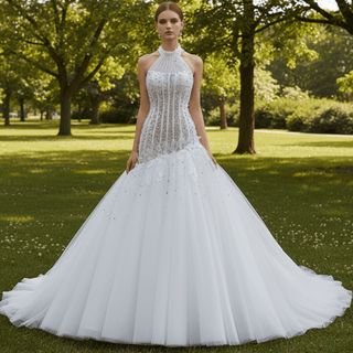 Dreamy Tulle Princess Wedding Dress Halter Neck with Beaded Lace - Rosymae