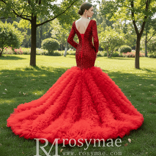 Dubai Shimmering Mermaid Wedding Dress Long Sleeve Pageant Gown - Rosymae
