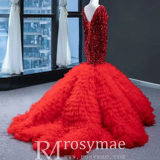 Dubai Shimmering Mermaid Wedding Dress Long Sleeve Pageant Gown - Rosymae