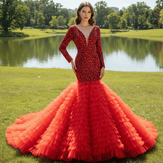 Dubai Shimmering Mermaid Wedding Dress Long Sleeve Pageant Gown - Rosymae
