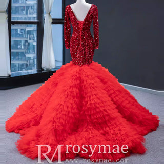 Dubai Shimmering Mermaid Wedding Dress Long Sleeve Pageant Gown - Rosymae