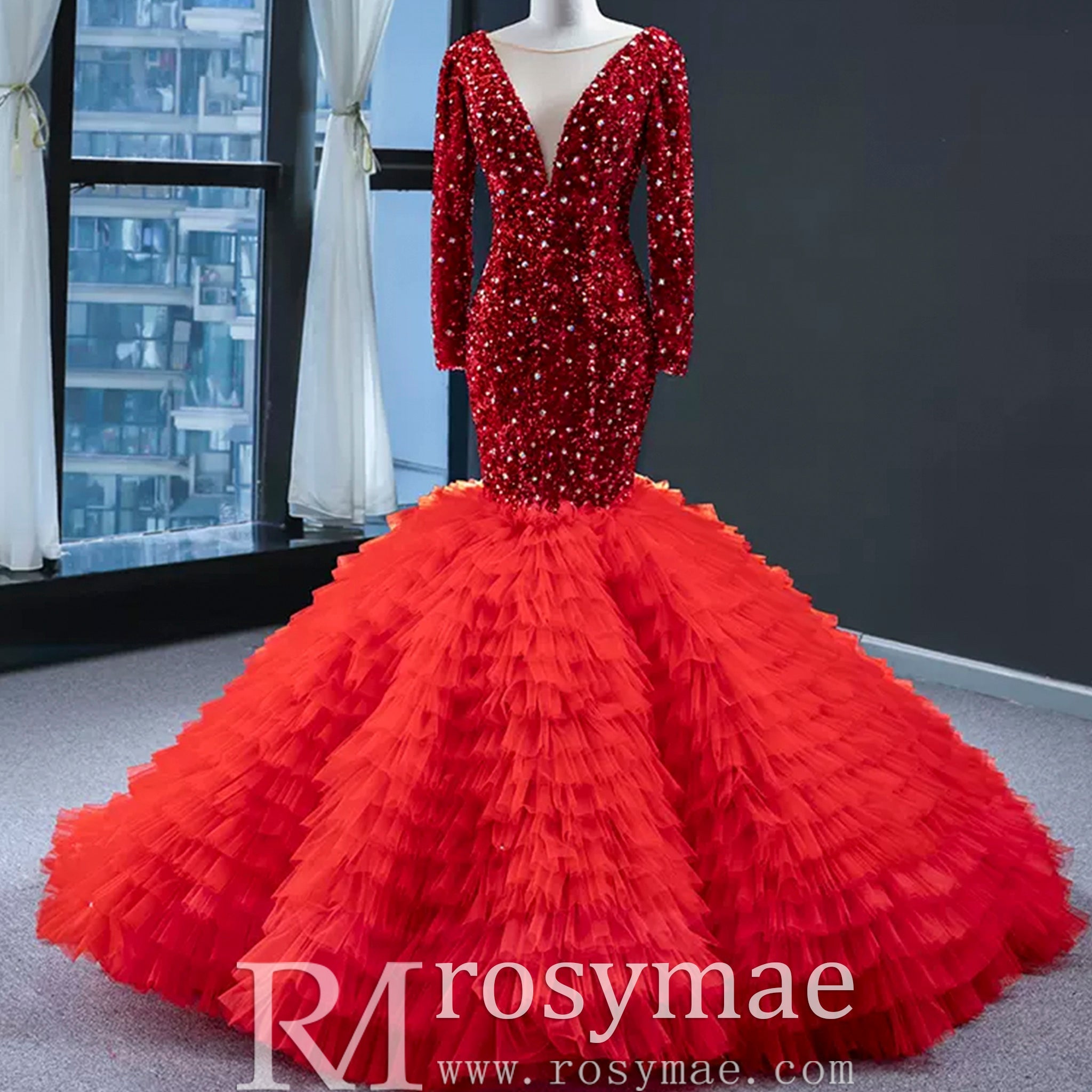 Dubai Shimmering Mermaid Wedding Dress Long Sleeve Pageant Gown - Rosymae