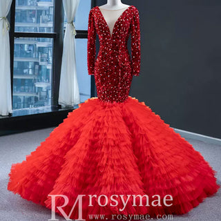 Dubai Shimmering Mermaid Wedding Dress Long Sleeve Pageant Gown - Rosymae