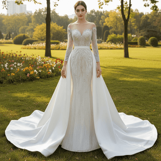 Elegant 2 in 1 Detachable Tulle Mermaid Wedding Dress with O-neck - Rosymae