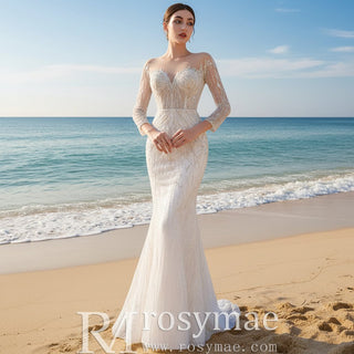 Elegant 2 in 1 Detachable Tulle Mermaid Wedding Dress with O-neck - Rosymae