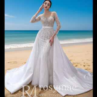 Elegant 2 in 1 Detachable Tulle Mermaid Wedding Dress with O-neck - Rosymae
