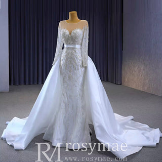 Elegant 2 in 1 Detachable Tulle Mermaid Wedding Dress with O-neck - Rosymae