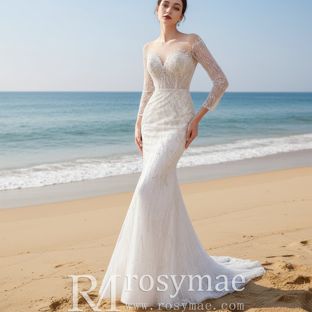 Elegant 2 in 1 Detachable Tulle Mermaid Wedding Dress with O-neck - Rosymae