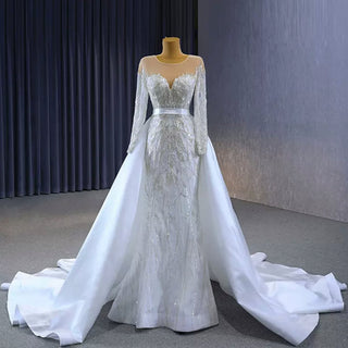 Elegant 2 in 1 Detachable Tulle Mermaid Wedding Dress with O-neck - Rosymae