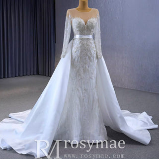 Elegant 2 in 1 Detachable Tulle Mermaid Wedding Dress with O-neck - Rosymae