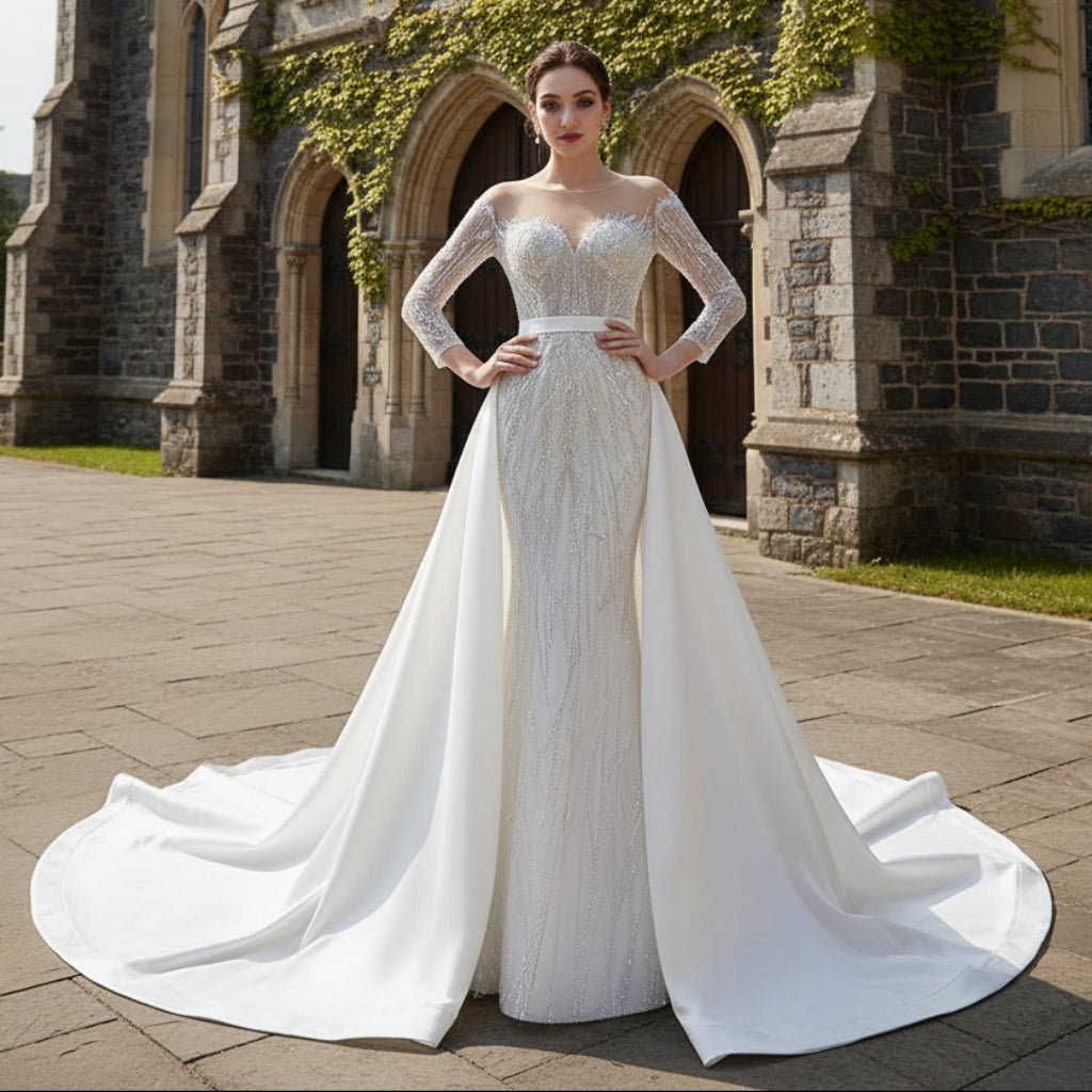Elegant 2 in 1 Detachable Tulle Mermaid Wedding Dress with O-neck - Rosymae