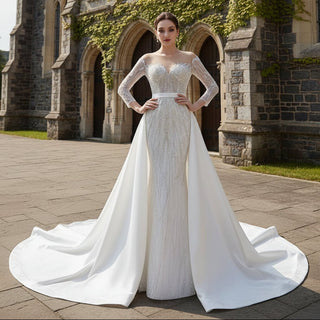 Elegant 2 in 1 Detachable Tulle Mermaid Wedding Dress with O-neck - Rosymae