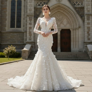 Elegant 3D Floral Lace Mermaid Wedding Dress Long Sleeve Bridal Gown - Rosymae
