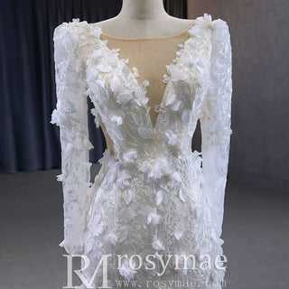 Elegant 3D Floral Lace Mermaid Wedding Dress Long Sleeve Bridal Gown - Rosymae