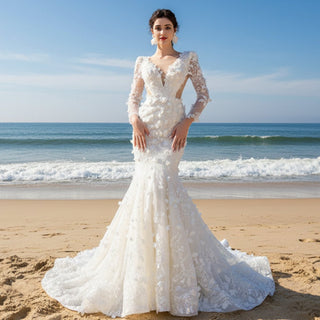 Elegant 3D Floral Lace Mermaid Wedding Dress Long Sleeve Bridal Gown - Rosymae