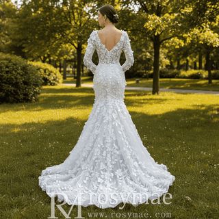 Elegant 3D Floral Lace Mermaid Wedding Dress Long Sleeve Bridal Gown - Rosymae